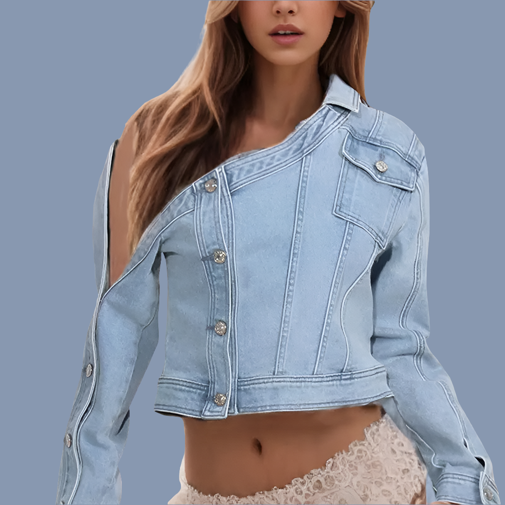Light Blue Denim Women's Irregular Diagonal Shoulder Cropped Jean Jacket