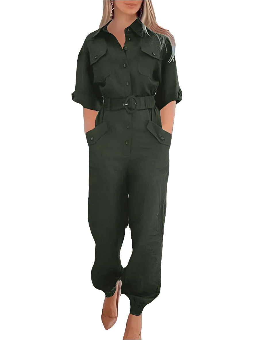 Oversized Solid Lapel Neck Multi-Pocket Cargo Women's Jumpsuit to 5X Plus Size