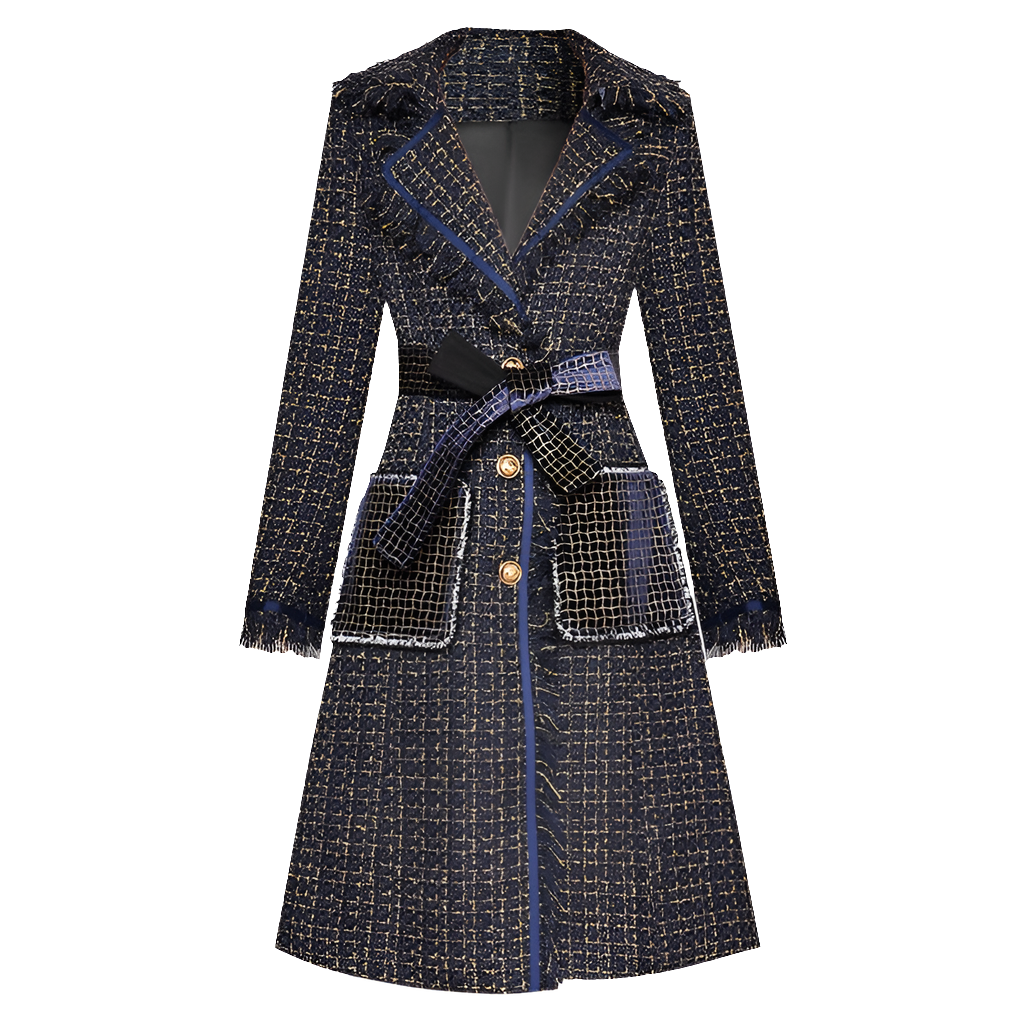 Plaid Wool Tassel Fringe Design Women's Oversized Pocket Single-Breasted Long Sleeve Trenchcoat w/ Belt