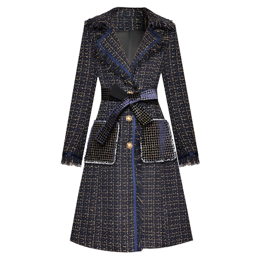 Plaid Wool Tassel Fringe Design Women's Oversized Pocket Single-Breasted Long Sleeve Trenchcoat w/ Belt