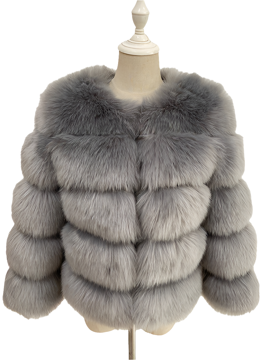 Vintage Solid Faux Mink Fur Ribbed O-Neck Patchwork Women's Jacket to 3X Plus Size