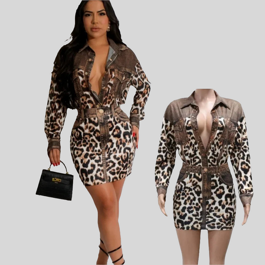 Leopard Print Turn-Down Collar Long Sleeve Pocket Patchwork Blouse + Denim Mini Jean Skirt Women's 2-Piece Set