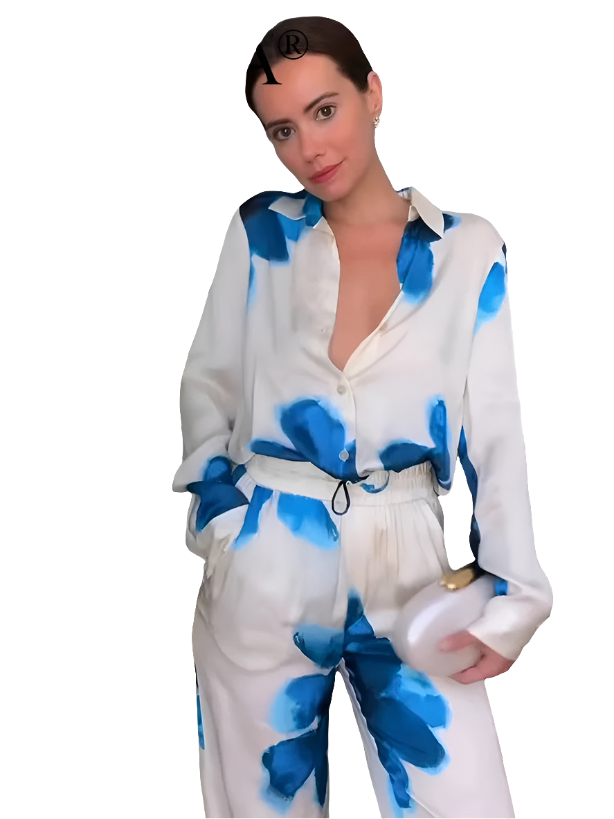 Floral Stain Print Button-Up Blouse + Elastic Waist Wide Leg Pants Women's Casual 2-Piece Sets