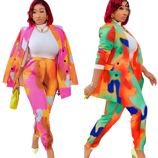 Tie-Dye Geometric Multi-Colored Ladies Neon Blazer + Pants Suit to 3X Plus Size