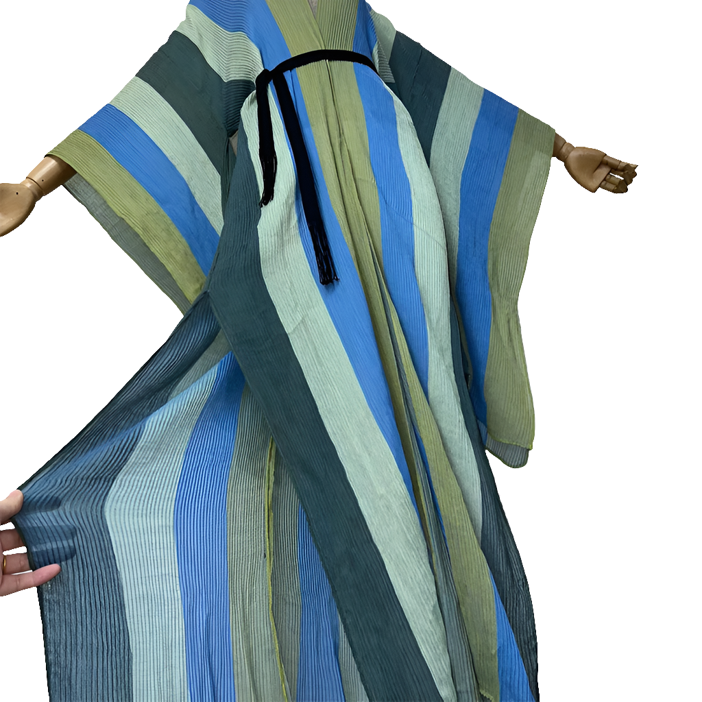 African Striped Pleated Printed Oversized Maxi Cardigan Kaftan Dress