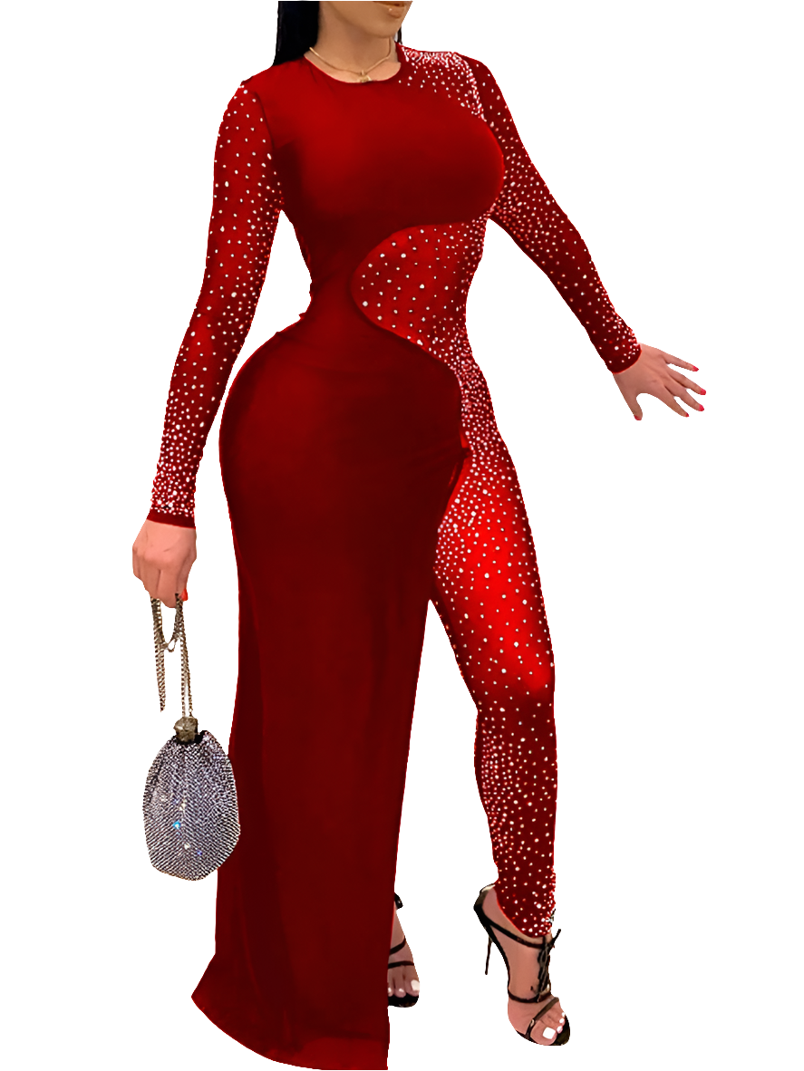 Mesh Rhinestone Irregular Long Sleeve Women's Skinny Jumpsuit
