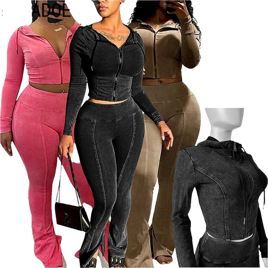 Ribbed Stretch Women's Zipper Hooded Patchwork Jacket + Flare Pants Joggers Tracksuit