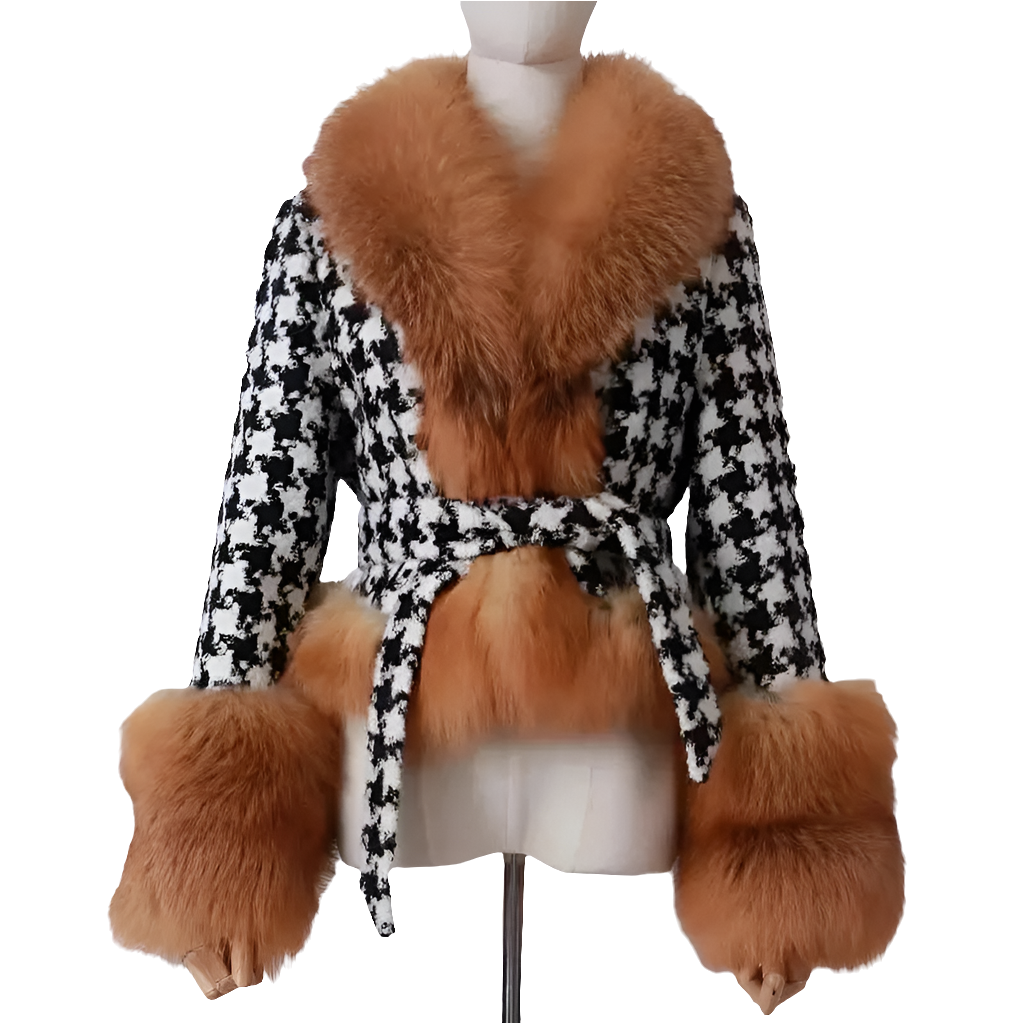 Faux Fur Collar Women's Houndstooth Jacket w/ Sash Belt