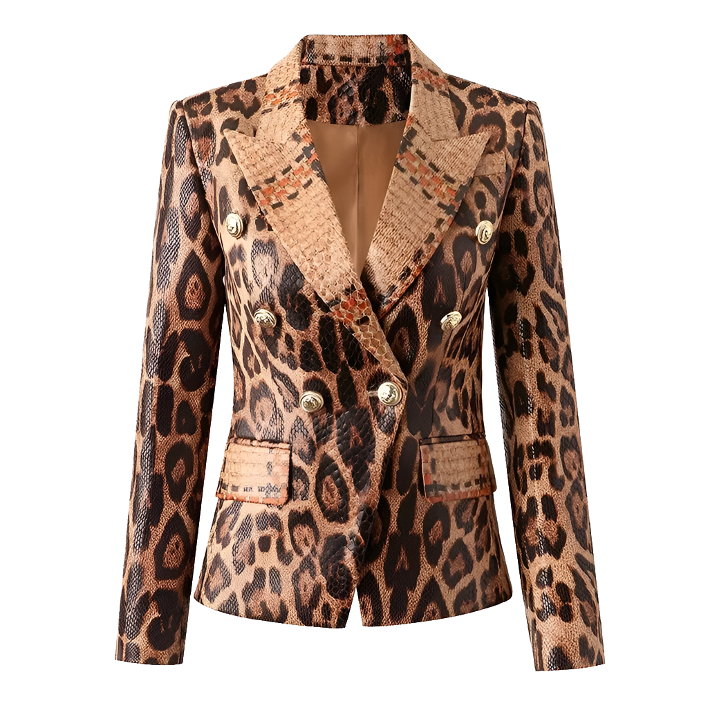 PU Leather Leopard Print Gold Button Design Pocketed Blazer Suit Jacket