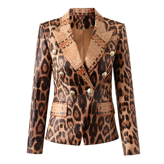 PU Leather Leopard Print Gold Button Design Pocketed Blazer Suit Jacket