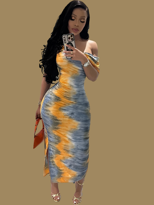 Tie-Dye Off-the-Shoulder Tassel Detail Colorblock Side Slit Skew Collar Bare Shoulder Maxi Dress