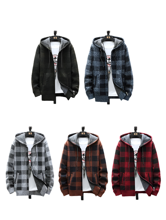 Men's Plaid Wool Zipper Cardigan Hoodie Sweater Jacket
