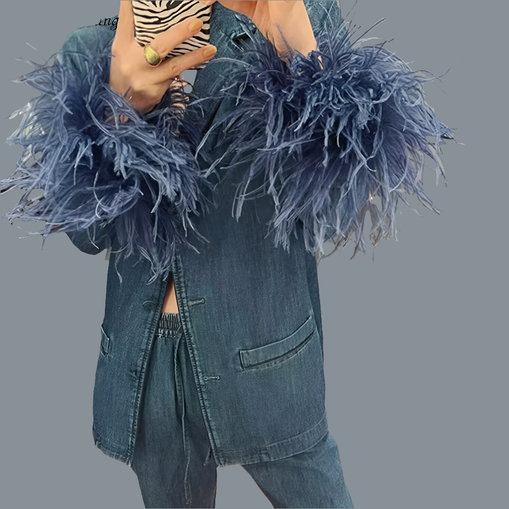 Blue Denim Streetwear Ostrich Feather Cuff Women's Jean Jacket Blazer