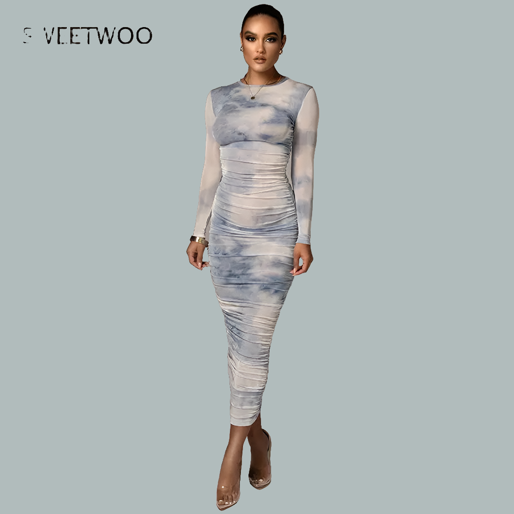 Tie-Dye Ruched Long Sleeve O-Neck Skinny Long Sleeve Maxi Dress