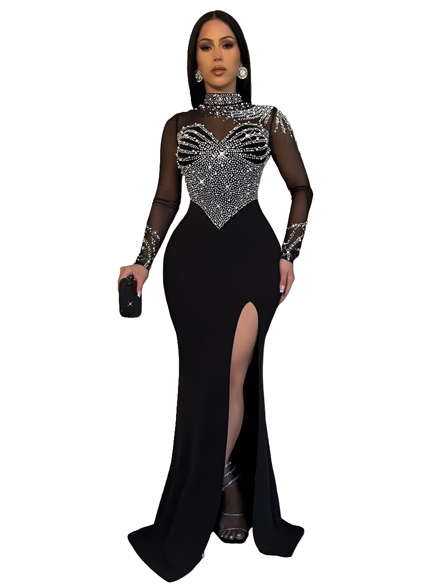 Mesh Sheer Transparent Patchwork Long Sleeve Diamond Rhinestone Mermaid Prom Formal Floor-Length Dress