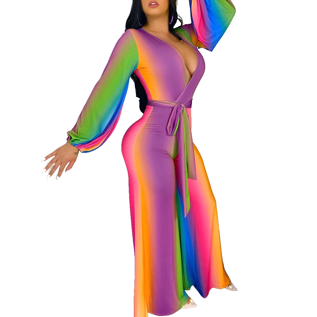 Rainbow Ombre Colorblock Long Sleeve Sash Belt Jumpsuit