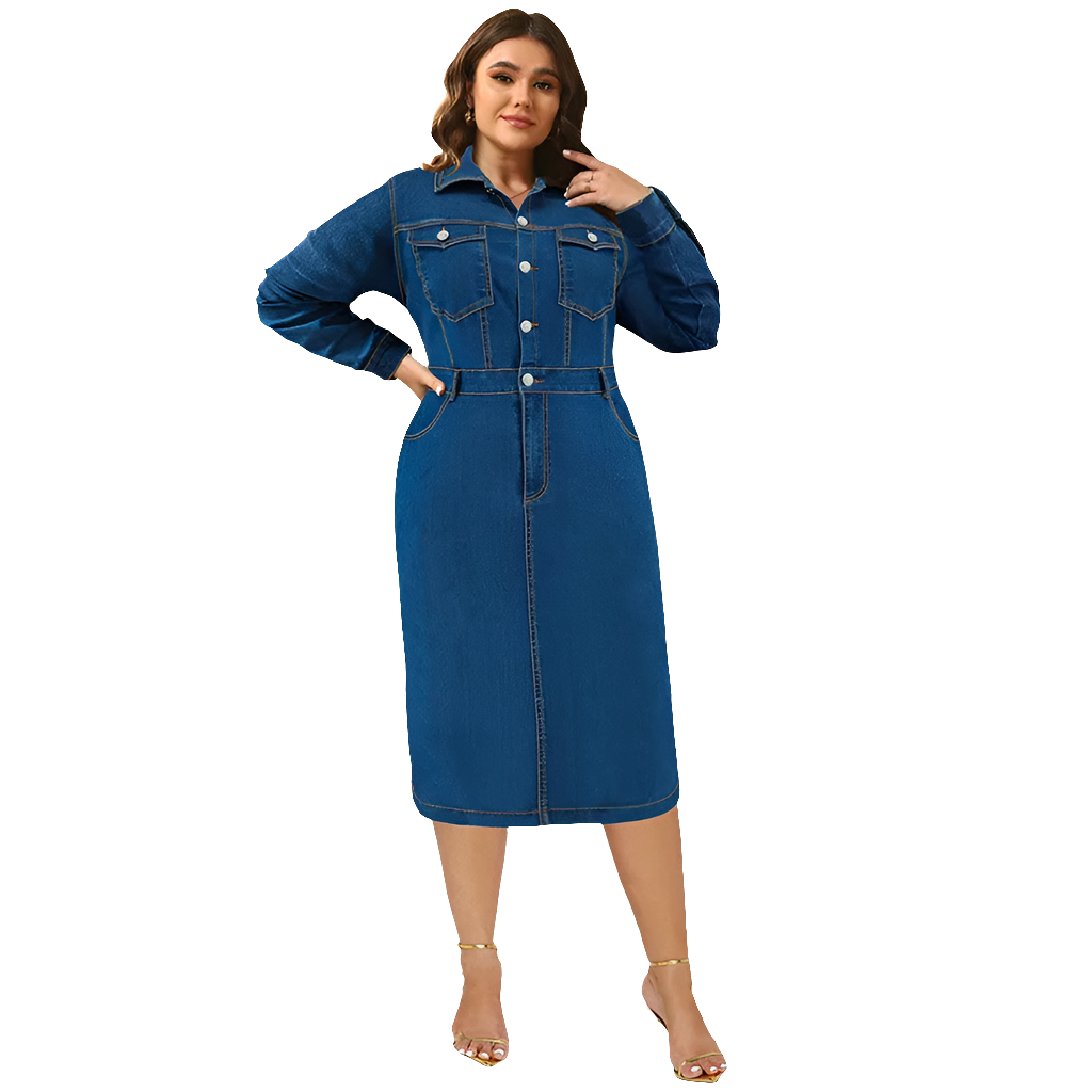 Denim Dark Blue Long Sleeve Turn-Down Collar Bodycon Dress to 3X Plus Size