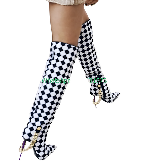 Black/White Checkered Plaid Print Zipper Gold Chain Purple Stiletto Heel Pointed Toe Over-the-Knee  Women's Boots