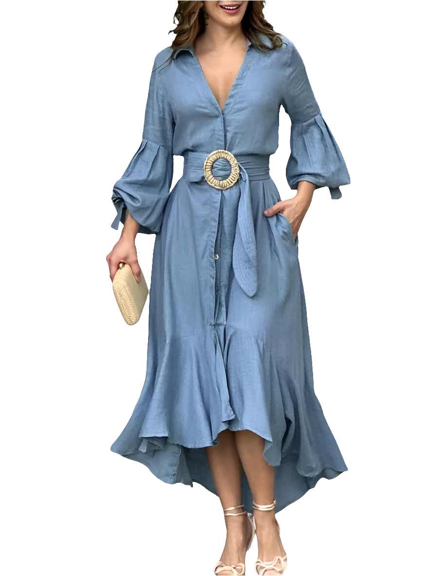 Ruffled Hem Lantern Long Sleeve Pocketed Design Belted Maxi Dress
