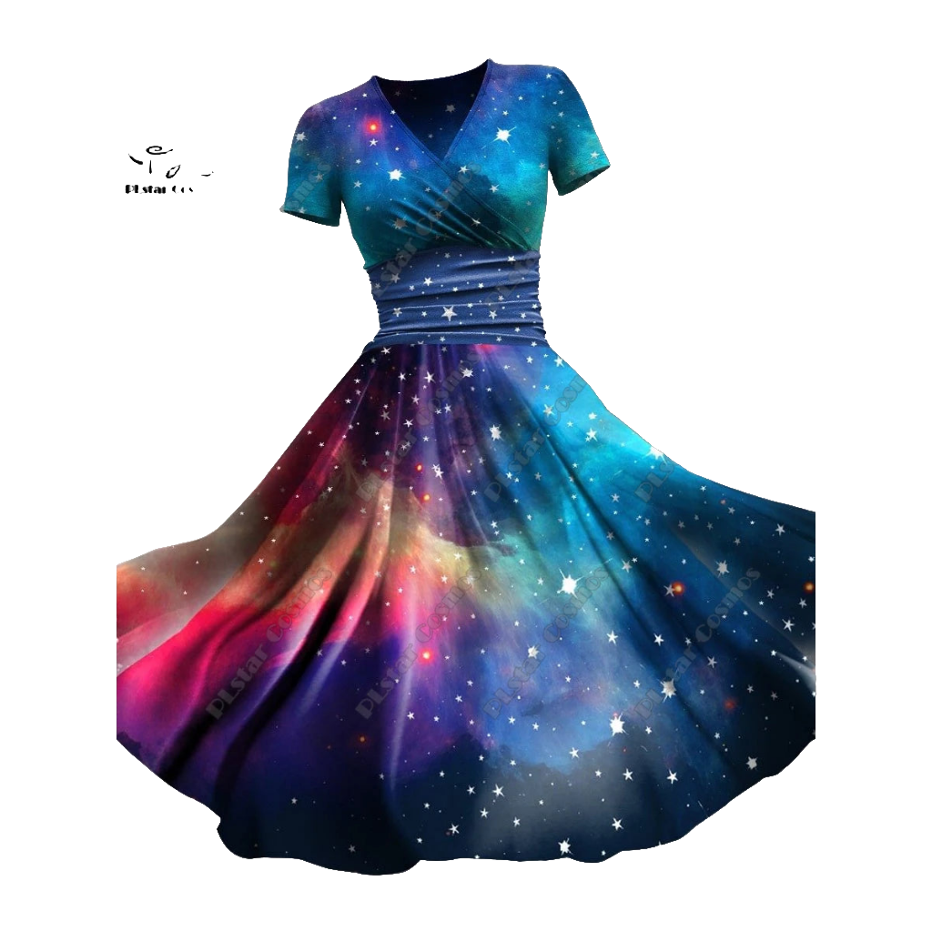 Rainbow Gradient Colorblock/Floral 3D Printed V-Neck Short Sleeve Flared Midi Dress