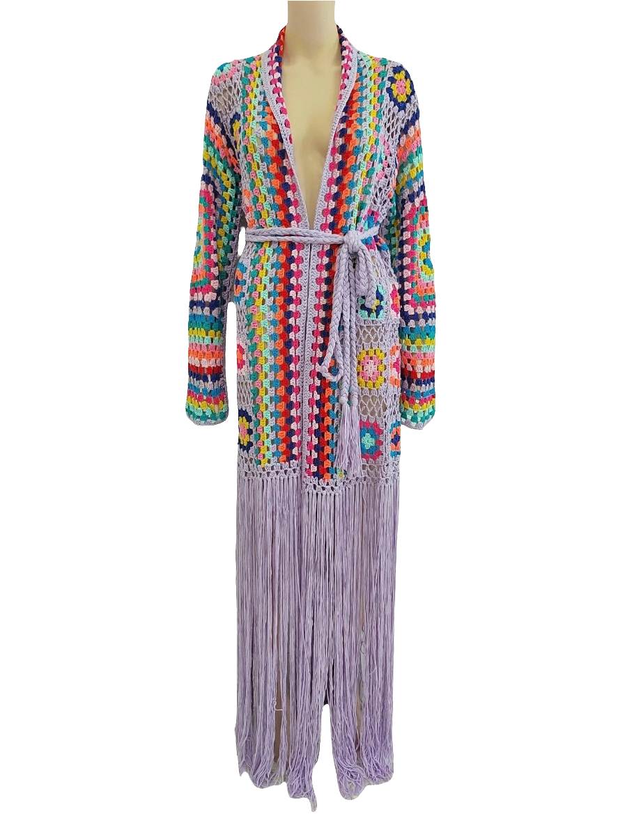 Crochet Rainbow Geometric Vintage African Knitted Long Sleeve Tassel Fringe Maxi Kafka Cardigan Sweater Dress