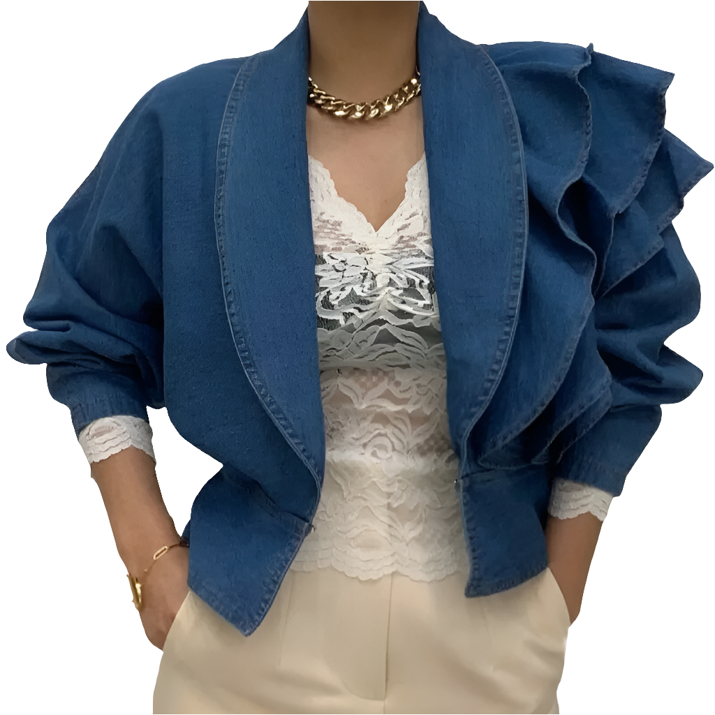 Denim Layered Ruffled Cropped Irregular Women's Turn-Down Collar Puff Sleeve Jean Blazer