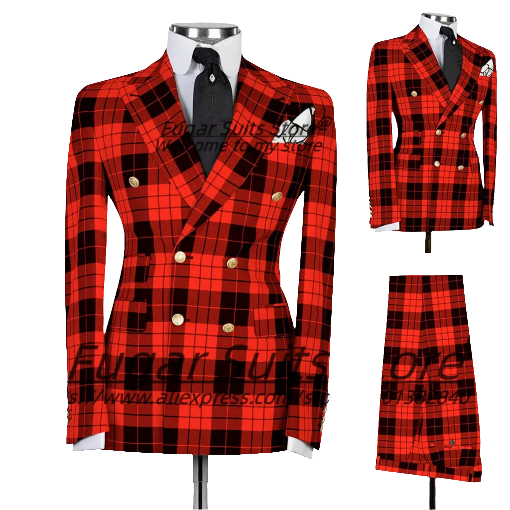 Men's British Plaid Gold Button Detail Double Breasted Tuxedo Blazer Jacket + Pants Formal Prom/Party/Wedding Suit