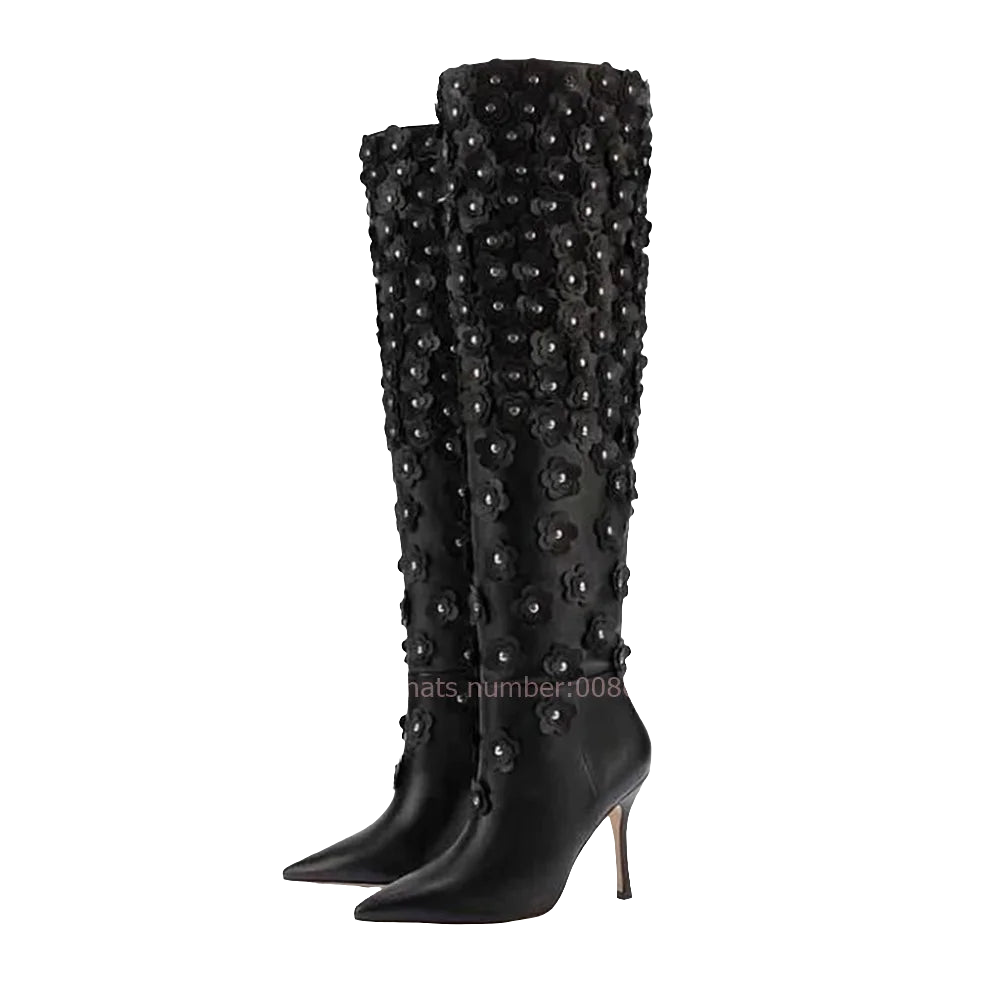 Black Leather Rhinestone Floral Embellished Pointed Toe Knee-High Stiletto Heel Slip-On Women's Boots