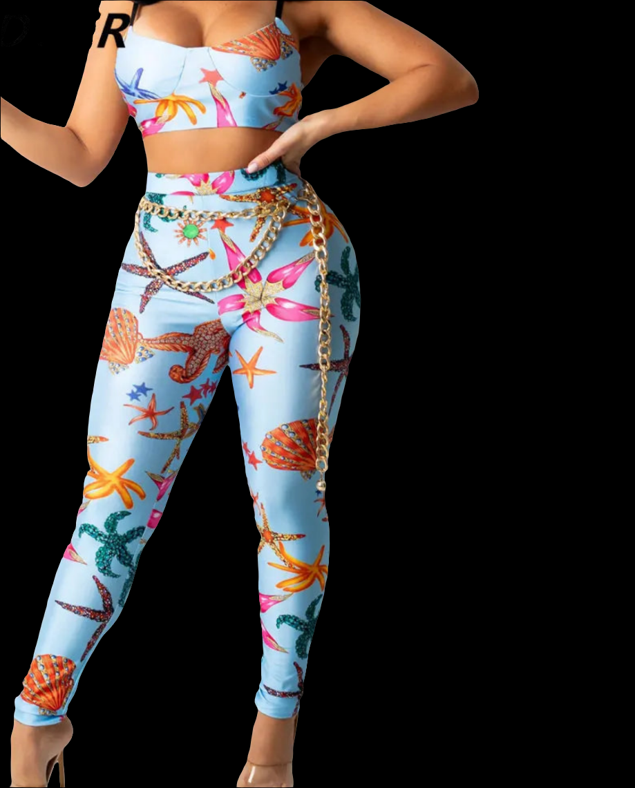 Starfish Print Sleeveless Crop Top + Skinny Spandex Fitness Leggings 2-Piece Set