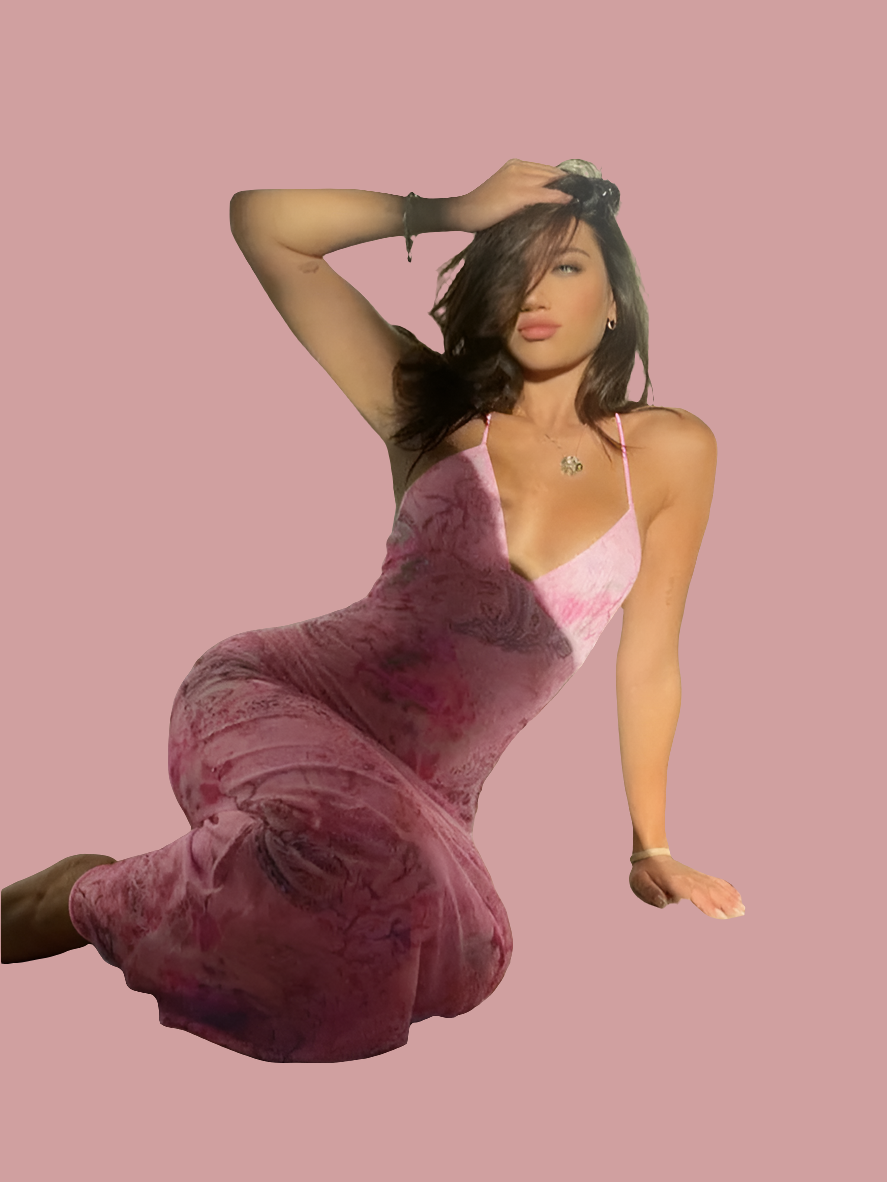 Pink Sleeveless Butterfly Back Strap Design Halter Bandage Backless V-Neck Maxi Dress