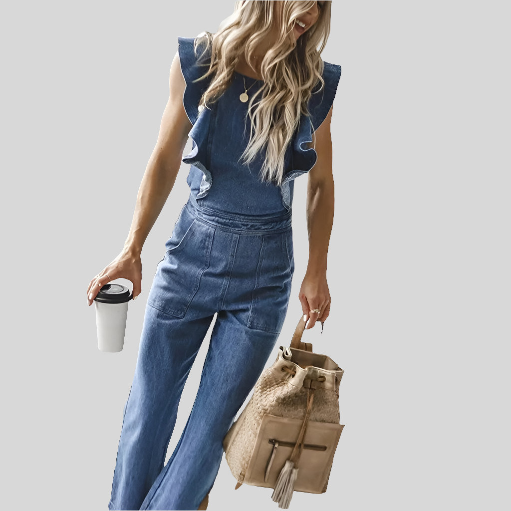 Sleeveless Blue Criss-Cross Back Strap Design Women's Ruffled Backless Denim Jean Jumpsuit