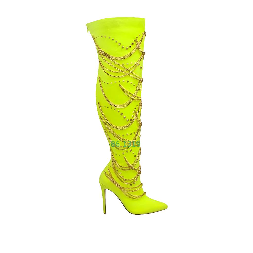 Neon Yellow Gladiator Crystal Metallic Stud Gold Chain Design Knee-High Women's Pointed Toe Boots