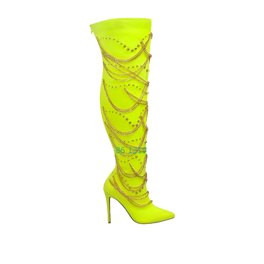 Neon Yellow Gladiator Crystal Metallic Stud Gold Chain Design Knee-High Women's Pointed Toe Boots