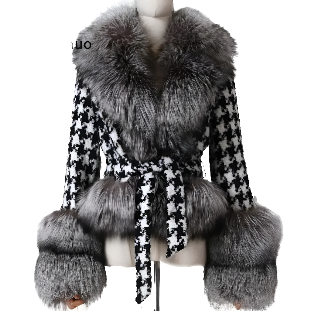 Faux Fur Collar Women's Houndstooth Jacket w/ Sash Belt