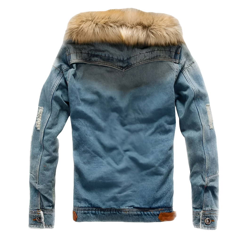 Men's Denim Faux Fur Collar  Fleece-Lined Fitted Jean Jacket