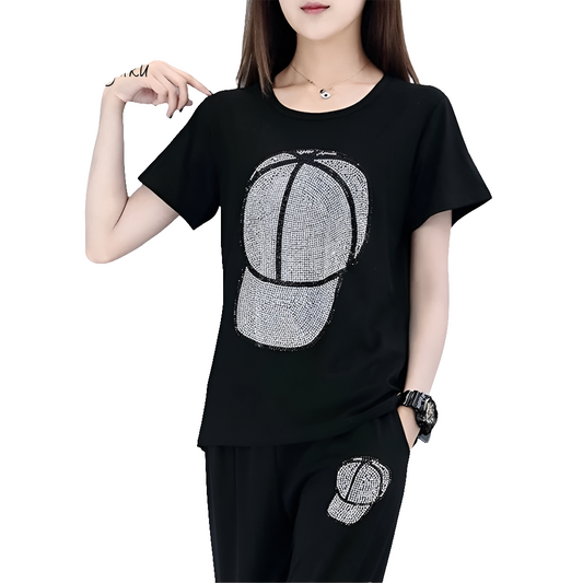 Metallic Glitter Rhinestone Printed Black O-Neck Short Sleeve Women's T-Shirt