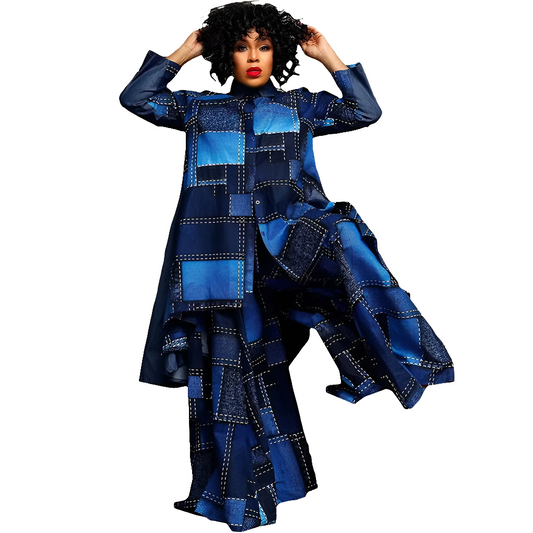 Blue/Black Women's Colorblock Loose Patchwork Single Breasted Maxi Blouse + Baggy Pants 2-Piece Set to 3X Plus Size