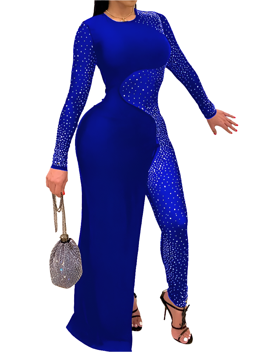 Mesh Rhinestone Irregular Long Sleeve Women's Skinny Jumpsuit