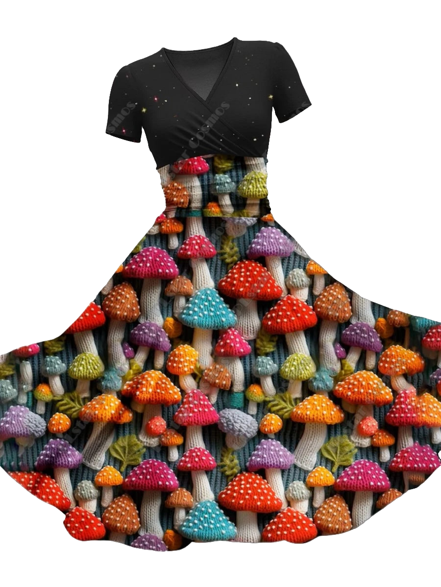 Rainbow Gradient Colorblock/Floral 3D Printed V-Neck Short Sleeve Flared Midi Dress