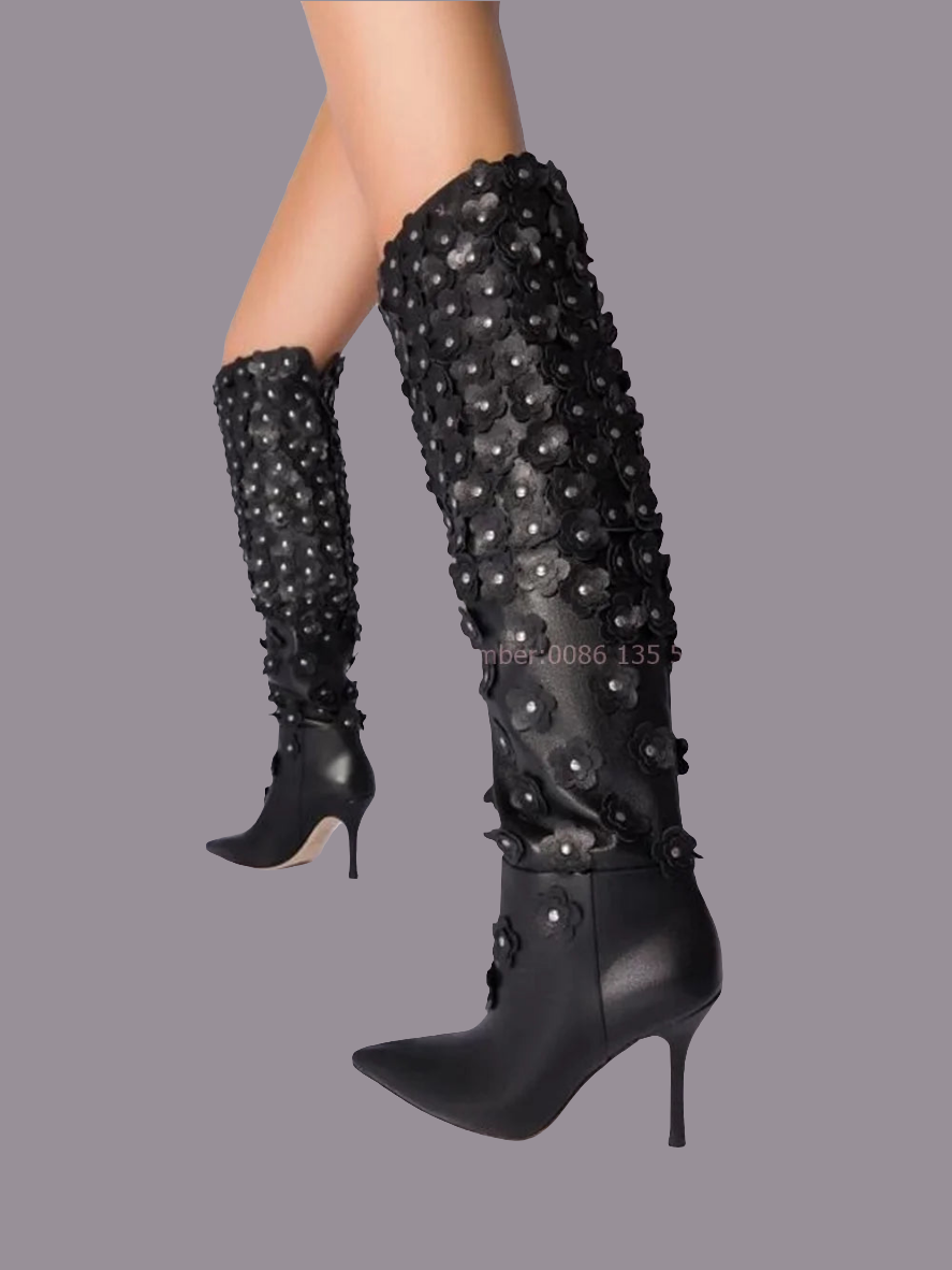 Black Leather Rhinestone Floral Embellished Pointed Toe Knee-High Stiletto Heel Slip-On Women's Boots