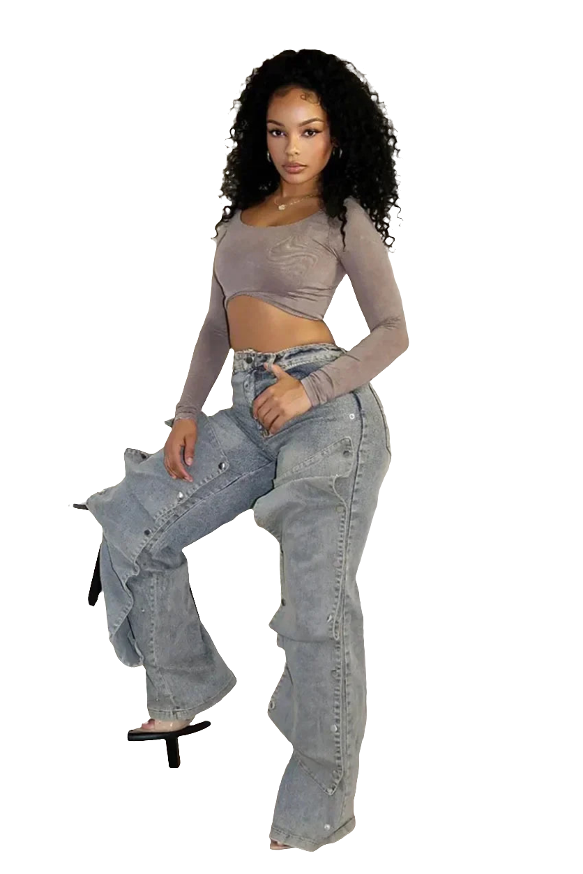 Denim Washed Faded Streetwear Multi-Pocket Button Design Women's Cut-Out Straight Wide Leg Cargo Jeans