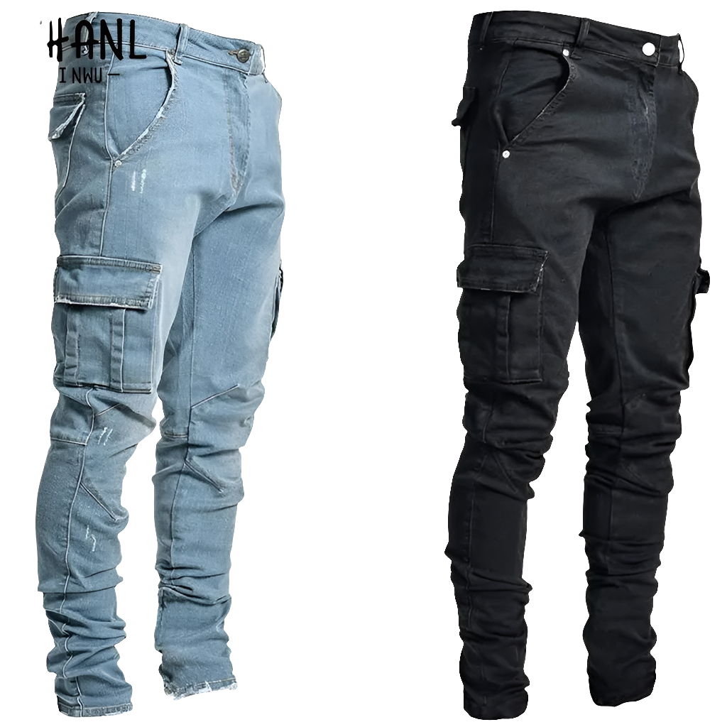 Men's Washed Multi-Pocket Denim Mid-Waist Cargo Jeans