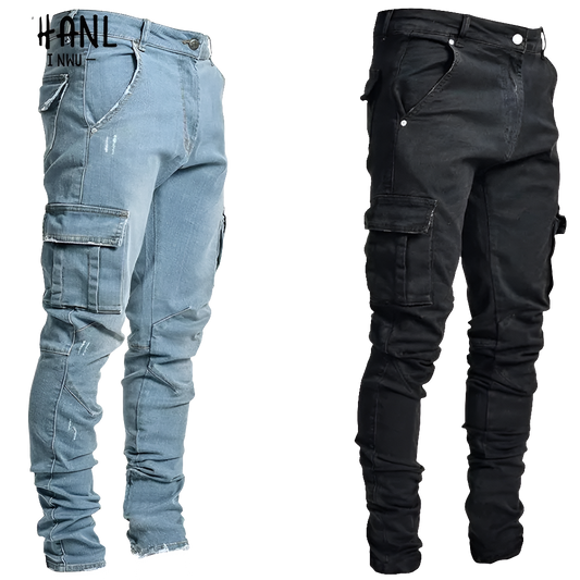 Men's Washed Multi-Pocket Denim Mid-Waist Cargo Jeans