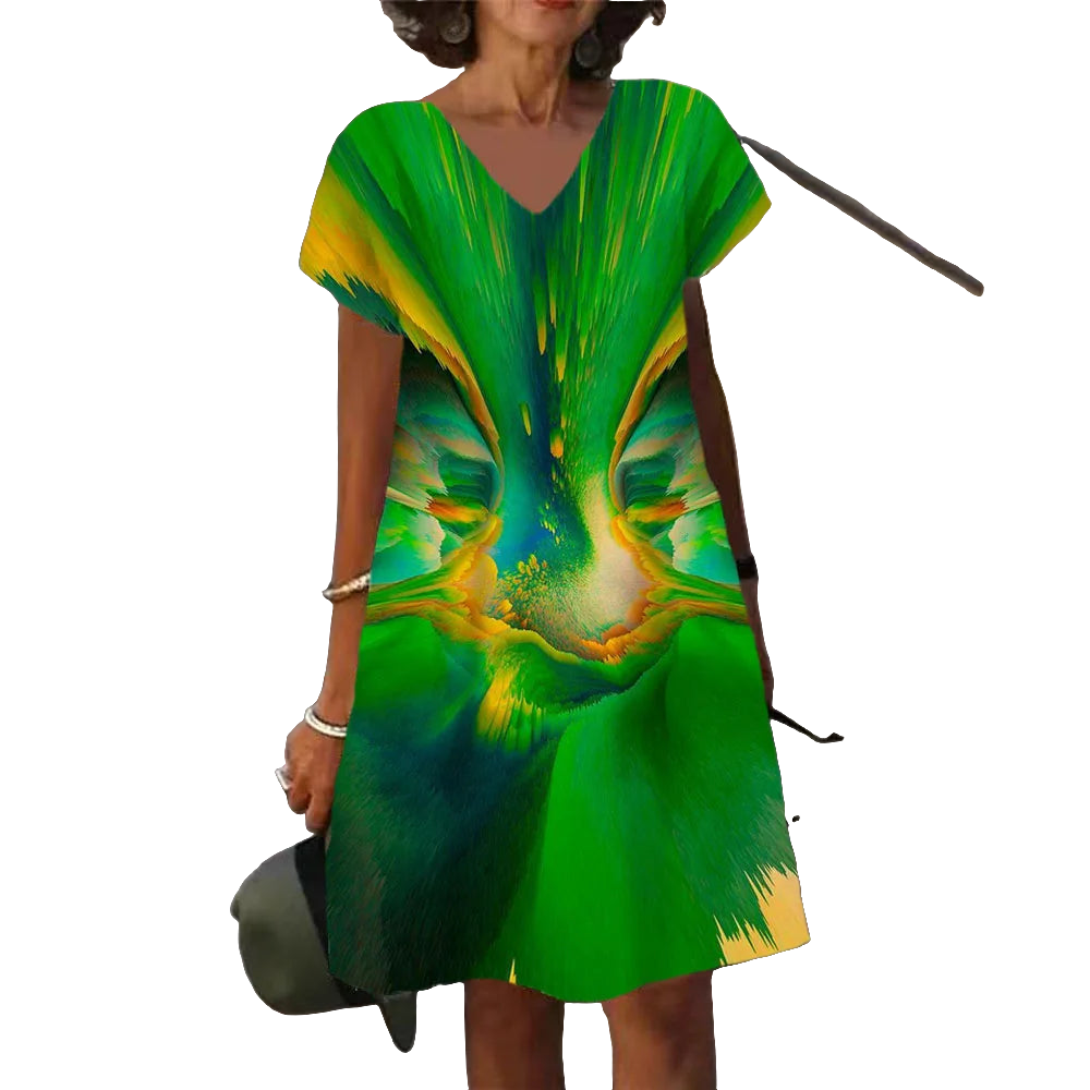 Abstract V-Neck Tie-Dye Rainbow Gradient Colorblock Splash Ink Paint Print A-Line Midi Dress to 6X