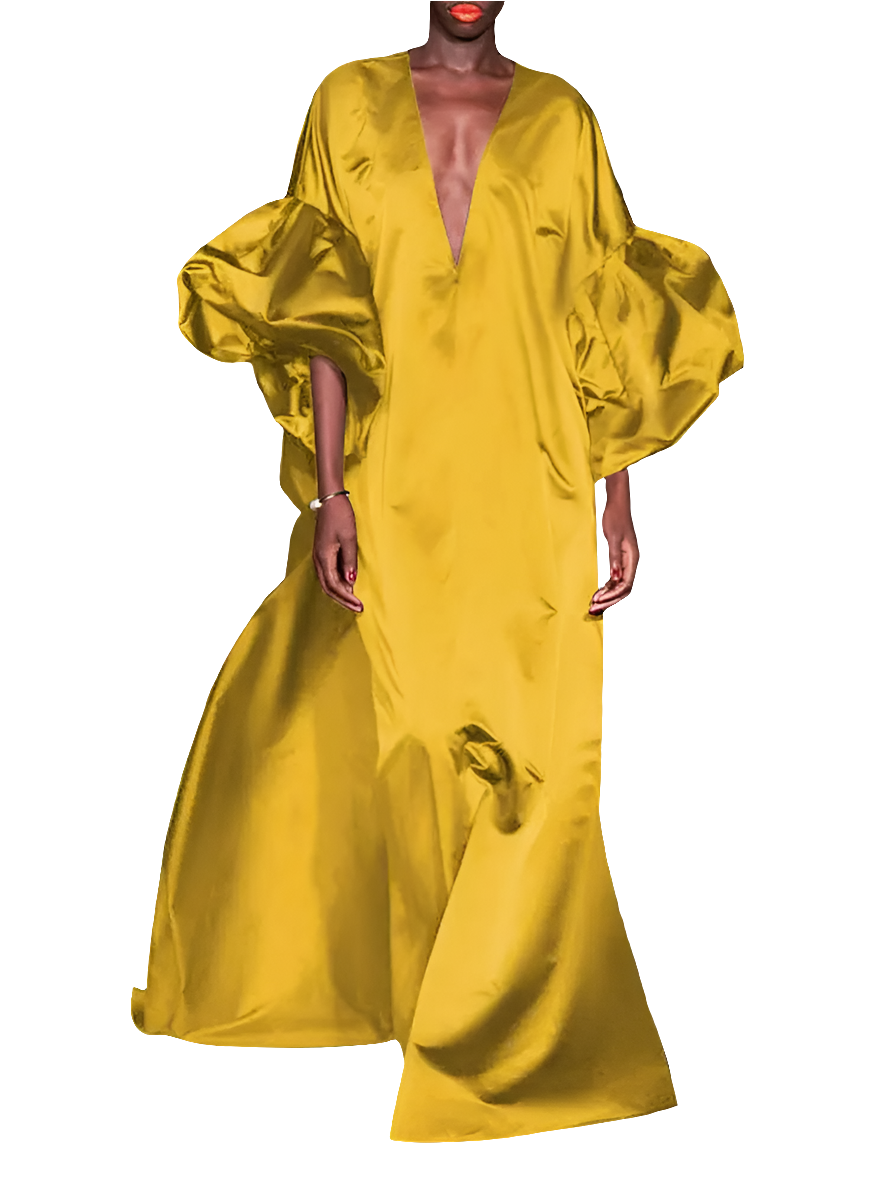 Satin Puff Lantern Sleeve Solid Color Loose Deep V-Neck Bohmeian Maxi Formal Oversized Party Dress to 5X Plus Size