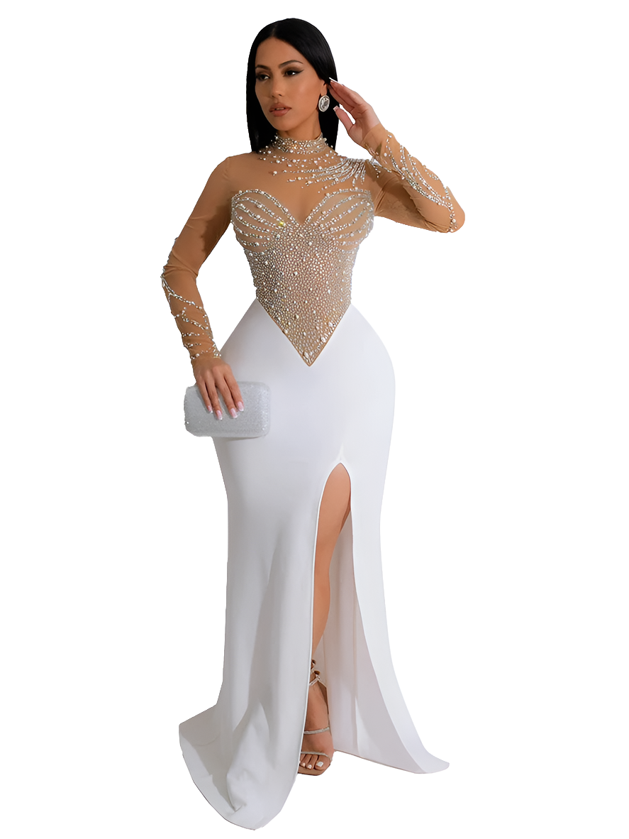 Mesh Sheer Transparent Patchwork Long Sleeve Diamond Rhinestone Mermaid Prom Formal Floor-Length Dress