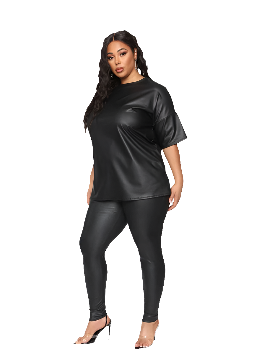 Black Faux Leather Women's Short Sleeve Blouse + Stretch Leggings 2-Piece Set to 5X Plus Size