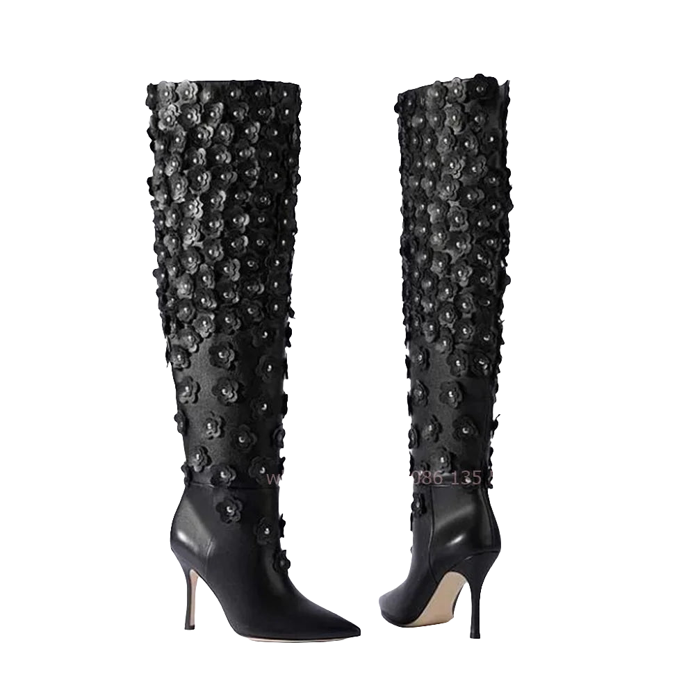 Black Leather Rhinestone Floral Embellished Pointed Toe Knee-High Stiletto Heel Slip-On Women's Boots