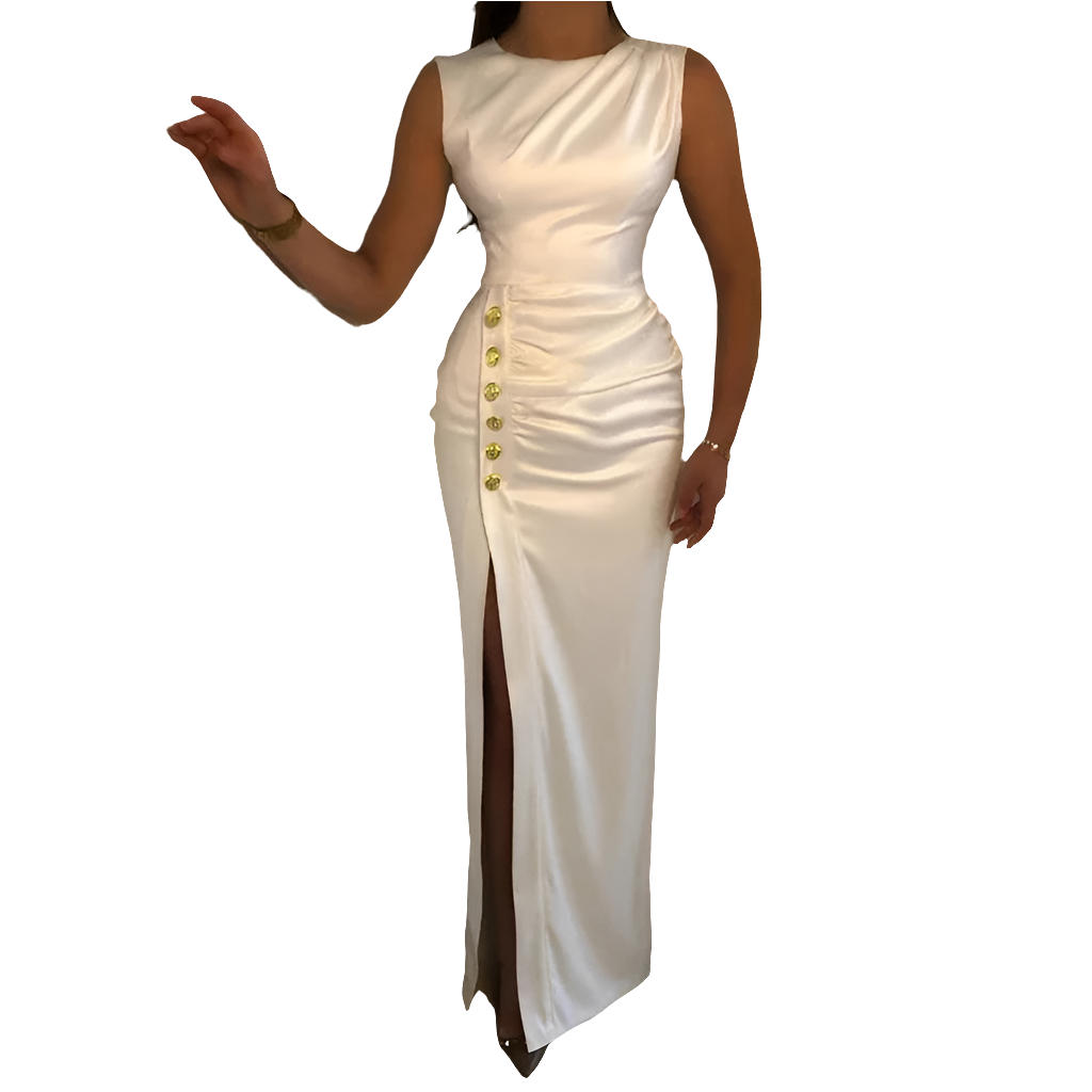 Satin Sleeveless Ruched White Solid Color Gold Button Design High Slit Halter Formal Maxi Dress