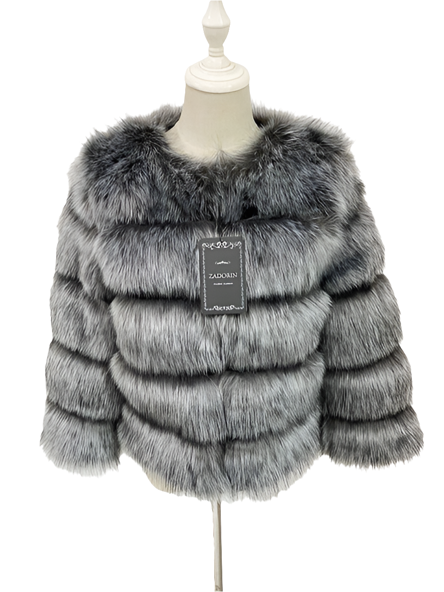 Vintage Solid Faux Mink Fur Ribbed O-Neck Patchwork Women's Jacket to 3X Plus Size